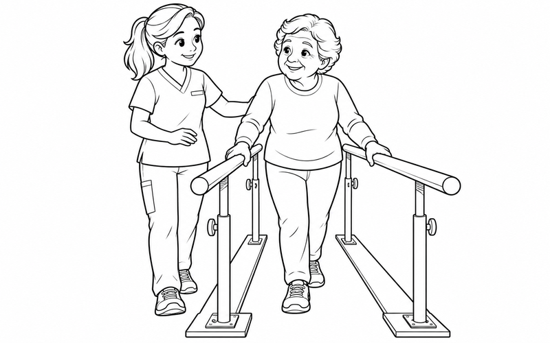 Tranh tô màu chuyên viên vật lý trị liệu hỗ trợ bà tại thanh tập đi
