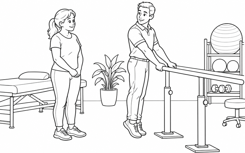 Tranh tô màu chuyên viên vật lý trị liệu làm mẫu động tác đứng cạnh thanh vịn