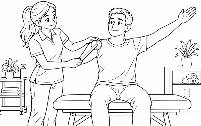 Tranh tô màu chuyên viên vật lý trị liệu quan sát cử động vai bằng thước đo