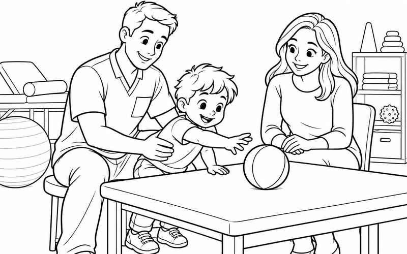 Tranh tô màu chuyên viên vật lý trị liệu cùng bé với tới quả bóng mềm