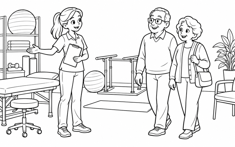 Tranh tô màu chuyên viên vật lý trị liệu đón hai người cao tuổi tại phòng tập