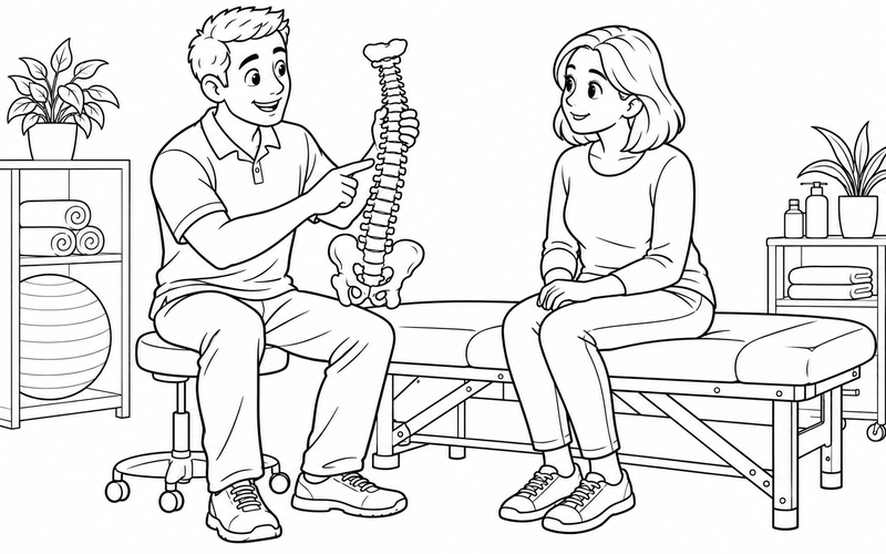 Tranh tô màu chuyên viên vật lý trị liệu giới thiệu mô hình cột sống