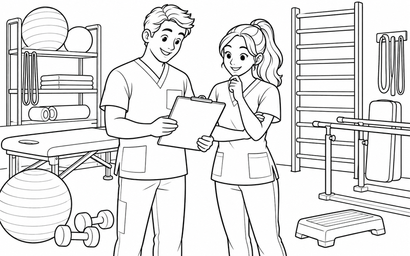 Tranh tô màu chuyên viên vật lý trị liệu trao đổi với đồng nghiệp bên dụng cụ