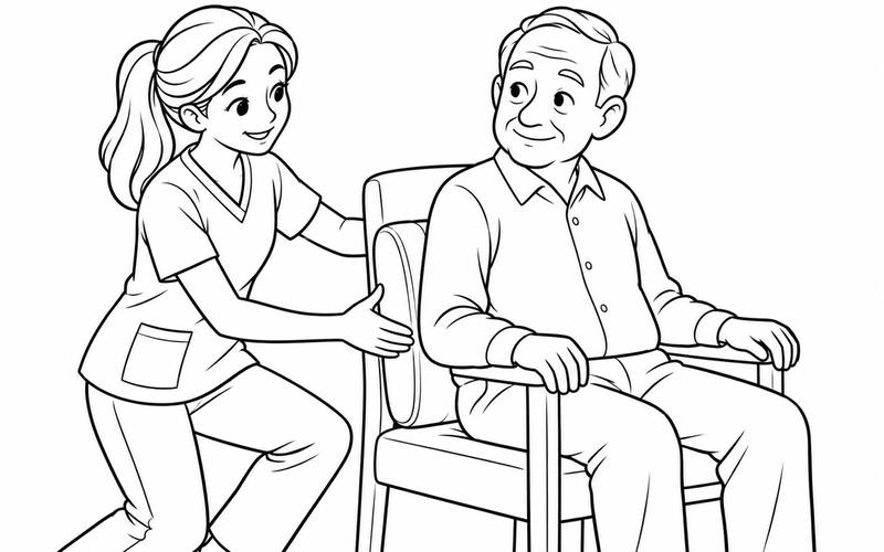 Tranh tô màu chuyên viên vật lý trị liệu đặt gối tựa cho người cao tuổi