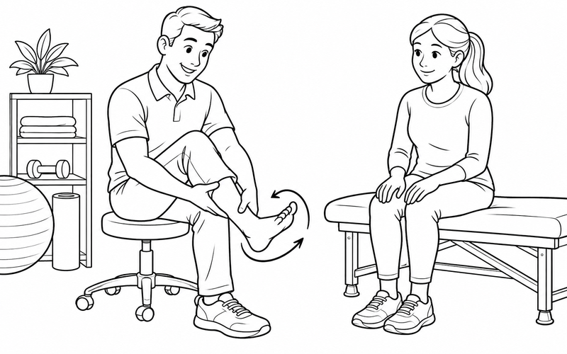 Tranh tô màu chuyên viên vật lý trị liệu làm mẫu cử động cổ chân khi ngồi