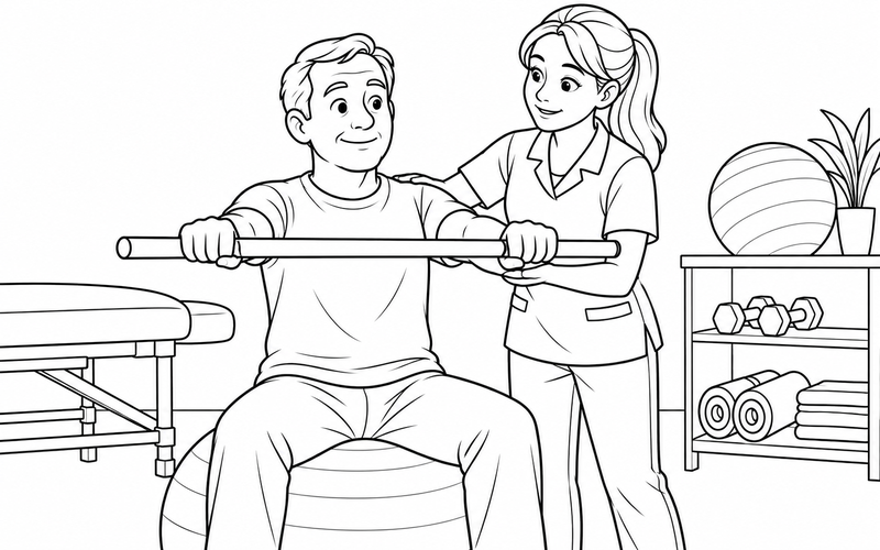 Tranh tô màu chuyên viên vật lý trị liệu giới thiệu gậy tập nhẹ
