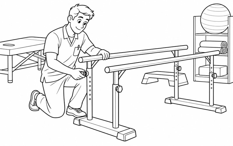 Tranh tô màu chuyên viên vật lý trị liệu kiểm tra chiều cao thanh vịn