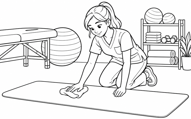 Tranh tô màu chuyên viên vật lý trị liệu lau thảm tập sau buổi làm việc