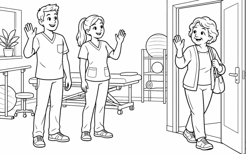 Tranh tô màu chuyên viên vật lý trị liệu vẫy chào người cao tuổi sau buổi tập