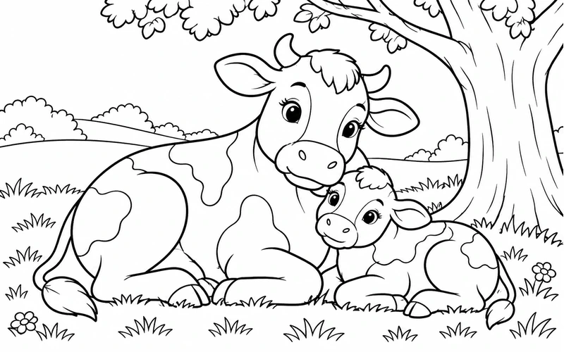 Tranh tô màu bò mẹ và bê con nghỉ dưới bóng cây