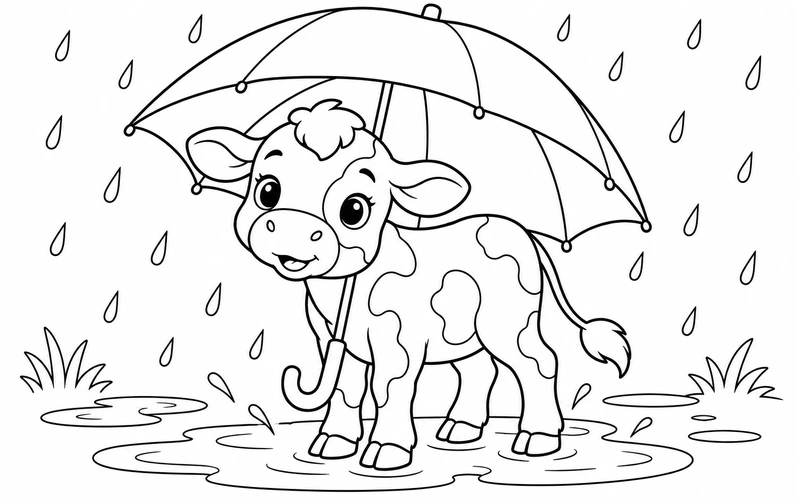 Tranh tô màu bê con trú dưới chiếc ô lớn