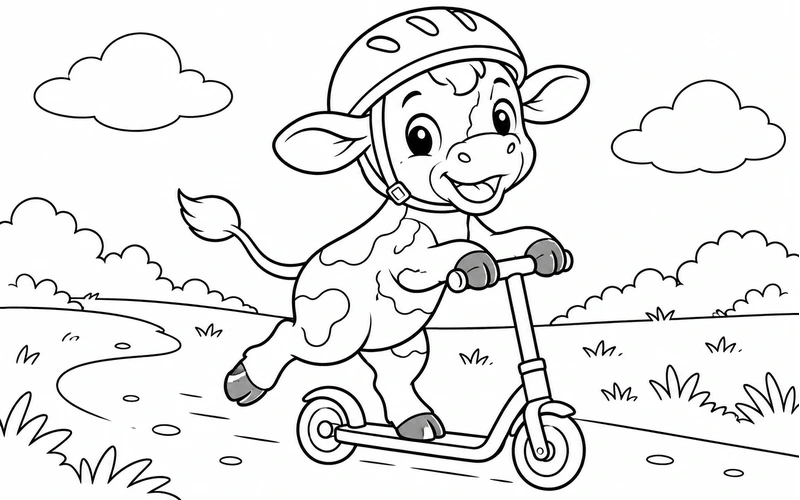 Tranh tô màu bê đội mũ bảo hiểm đi xe trượt
