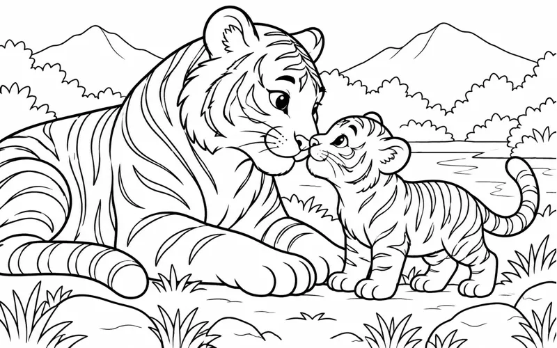 Tranh tô màu hổ mẹ và hổ con chạm mũi