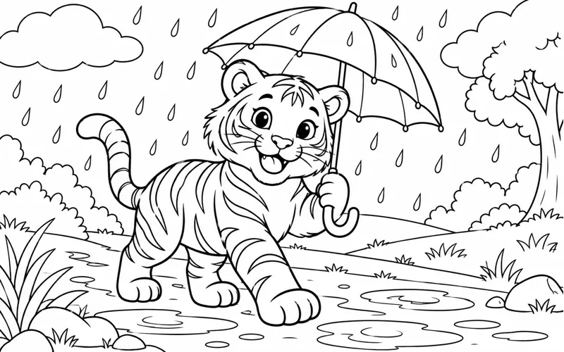 Tranh tô màu hổ nhỏ che ô trong cơn mưa