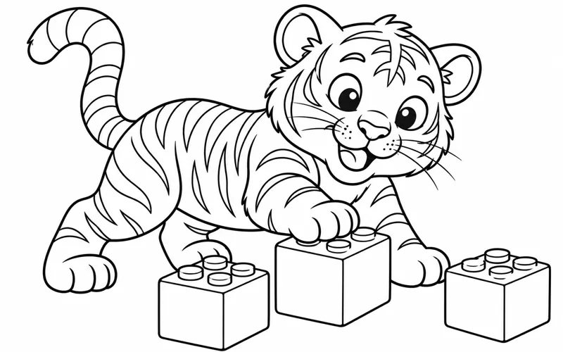 Tranh tô màu hổ con chơi xếp các khối hộp