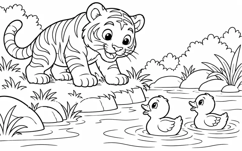 Tranh tô màu chú hổ quan sát hai chú vịt dưới ao