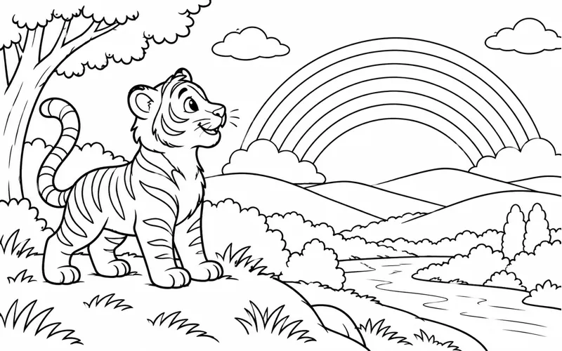 Tranh tô màu hổ ngồi ngắm cầu vồng phía xa