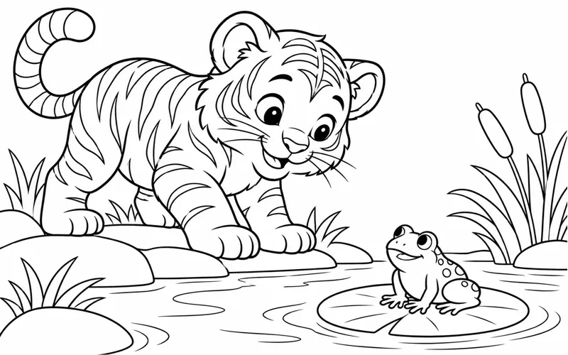 Tranh tô màu chú hổ ngắm ếch trên lá sen