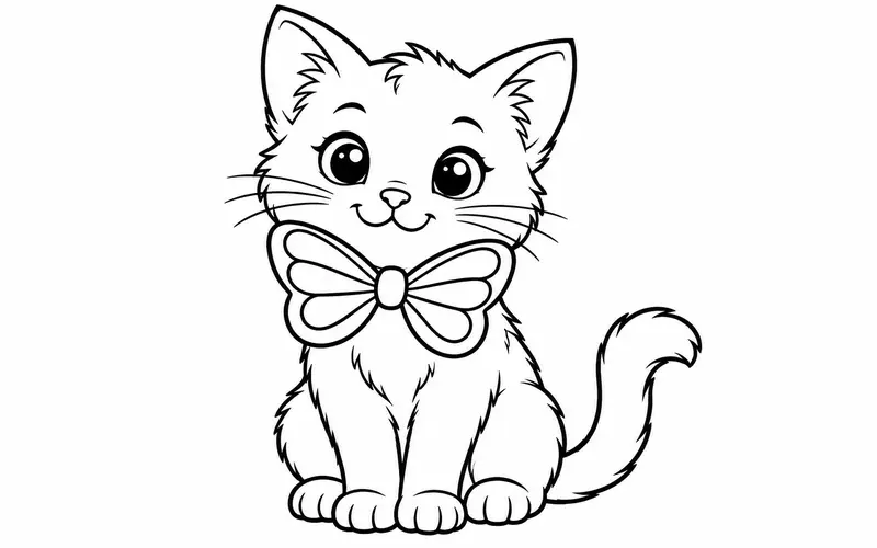 Tranh tô màu mèo con đeo nơ cổ lịch sự, nét đen trên nền trắng cho bé