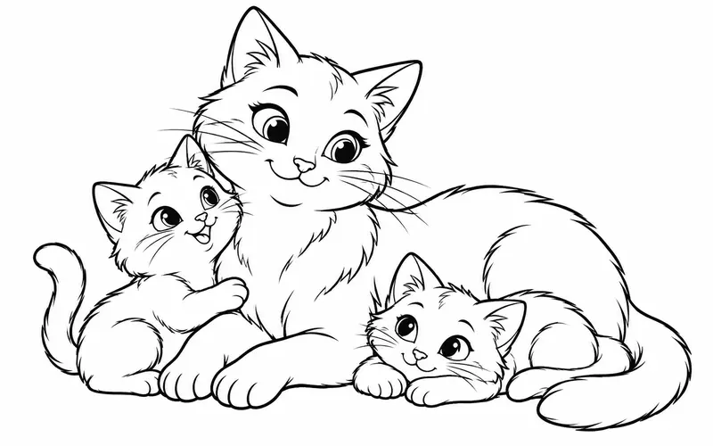 Tranh tô màu mèo mẹ quây quần cùng hai mèo con, nét đen trên nền trắng cho bé