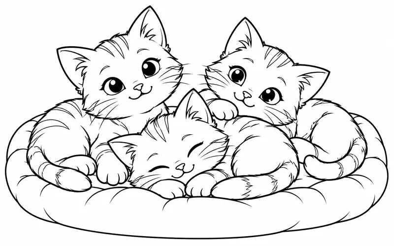 Tranh tô màu ba mèo con nằm nghỉ bên nhau, nét đen trên nền trắng cho bé