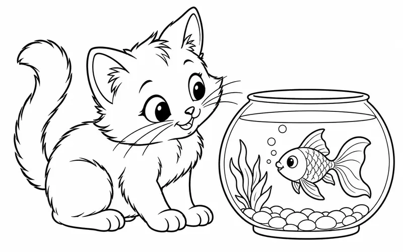 Tranh tô màu mèo con ngắm bể cá vàng, nét đen trên nền trắng cho bé