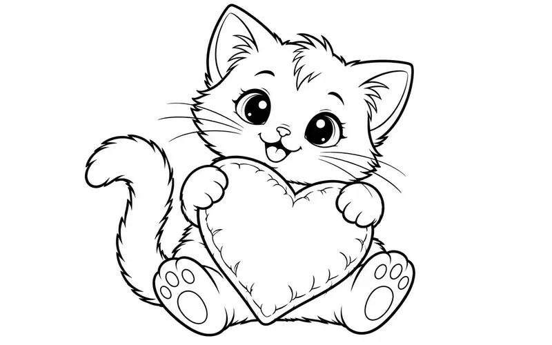 Tranh tô màu mèo con ôm chiếc gối trái tim, nét đen trên nền trắng cho bé