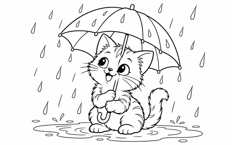 Tranh tô màu mèo con trú mưa dưới ô, nét đen trên nền trắng cho bé
