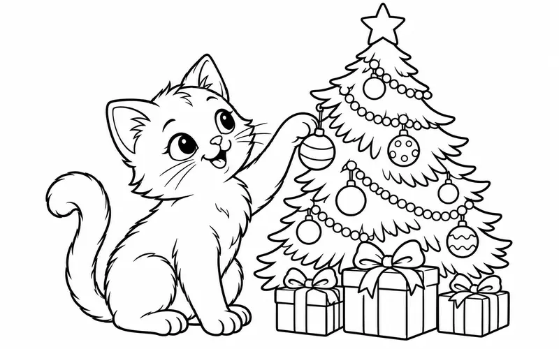 Tranh tô màu mèo con bên cây thông Noel, nét đen trên nền trắng cho bé