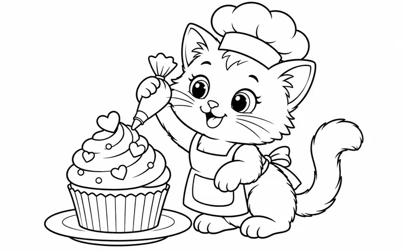 Tranh tô màu mèo đầu bếp bên bánh cupcake, nét đen trên nền trắng cho bé