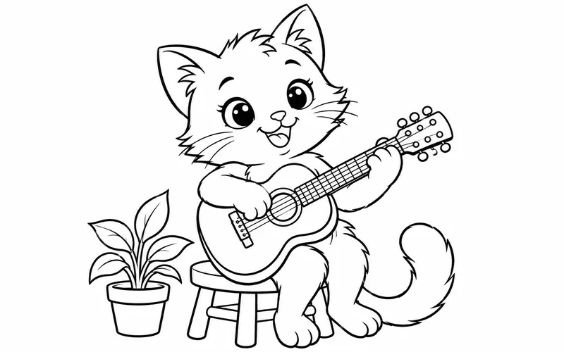 Tranh tô màu mèo nhạc công ôm đàn guitar, nét đen trên nền trắng cho bé