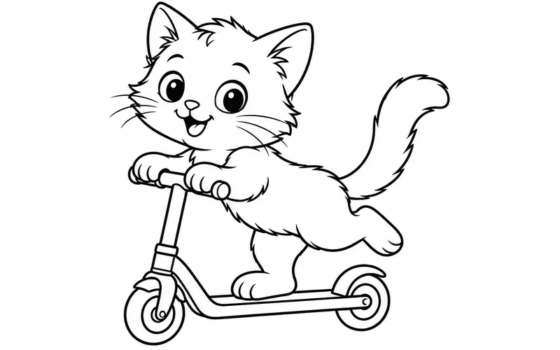 Tranh tô màu mèo con đi xe trượt scooter, nét đen trên nền trắng cho bé