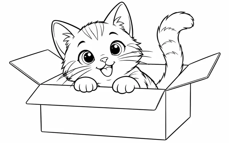 Tranh tô màu mèo con ló đầu khỏi hộp giấy, nét đen trên nền trắng cho bé