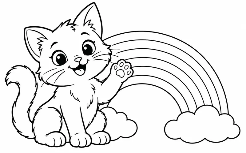 Tranh tô màu mèo con vẫy chân bên cầu vồng, nét đen trên nền trắng cho bé