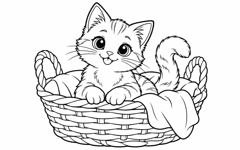 Tranh tô màu mèo con ngồi trong giỏ mây, nét đen trên nền trắng cho bé