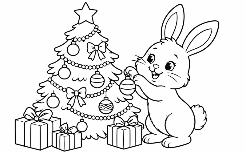 Tranh tô màu thỏ con trang trí cây thông noel