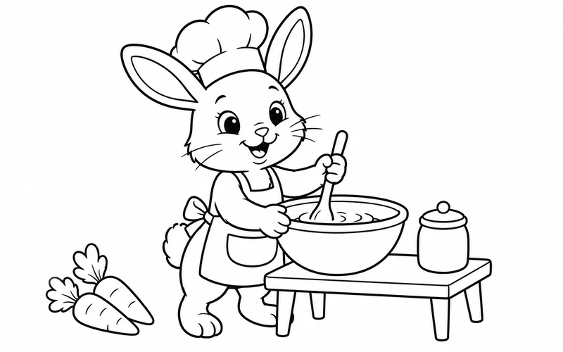 Tranh tô màu thỏ đầu bếp khuấy bột trong tô
