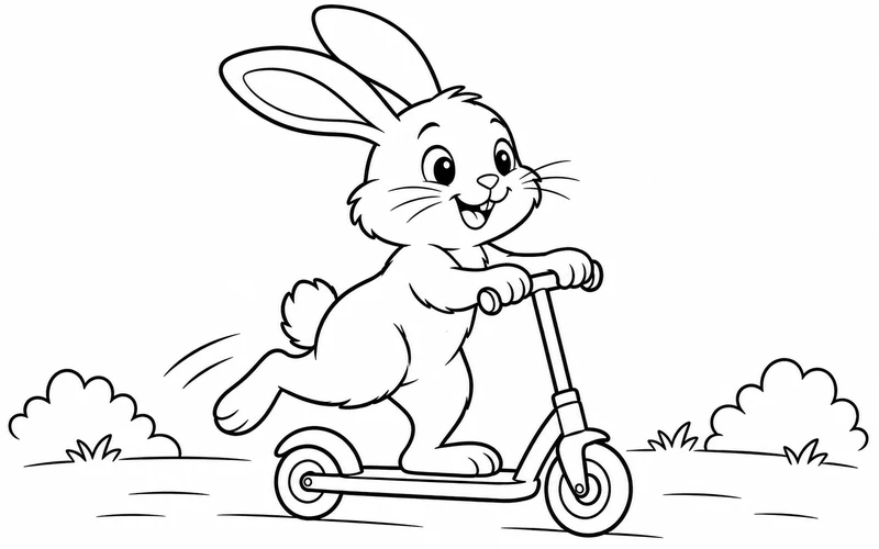 Tranh tô màu thỏ con đi xe trượt scooter