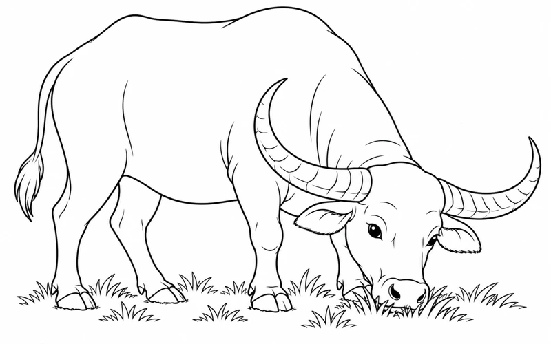 Tranh tô màu con trâu: trâu cúi đầu gặm cỏ