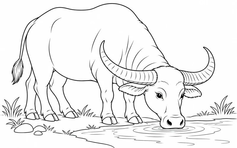 Tranh tô màu con trâu: trâu uống nước bên ao làng