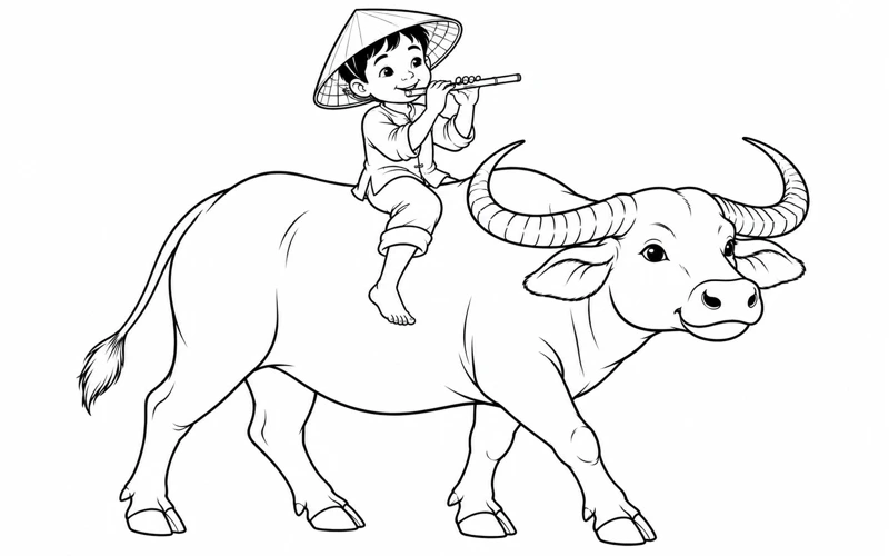 Tranh tô màu con trâu: em bé đội nón thổi sáo trên lưng trâu