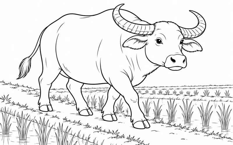 Tranh tô màu con trâu: trâu đi trên bờ ruộng lúa