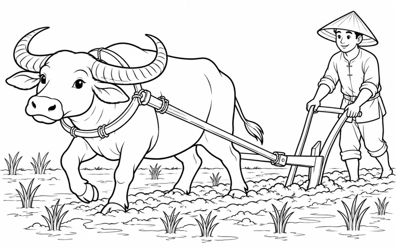 Tranh tô màu con trâu: người nông dân cùng trâu cày ruộng