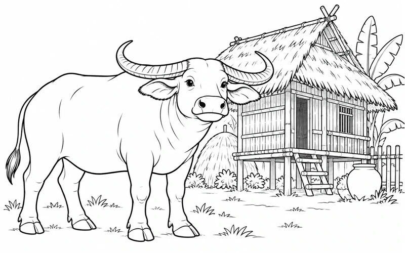 Tranh tô màu con trâu: trâu bên mái nhà tranh