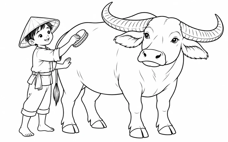 Tranh tô màu con trâu: bạn nhỏ chải lông cho trâu