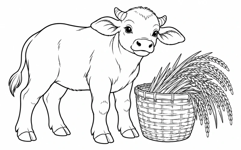 Tranh tô màu con trâu: nghé con bên giỏ bông lúa