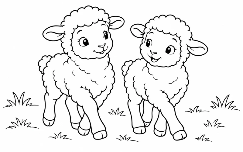 Tranh tô màu con cừu: hai chú cừu nhỏ đi cạnh nhau