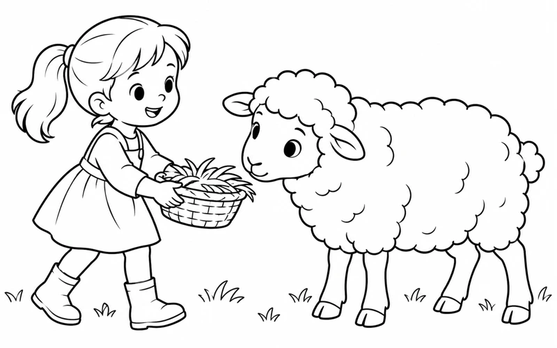 Tranh tô màu con cừu: cừu nhỏ bạn nhỏ mang thức ăn