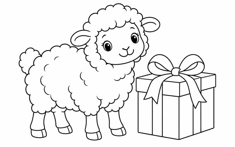 Tranh tô màu con cừu: cừu nhỏ bên món quà thắt nơ