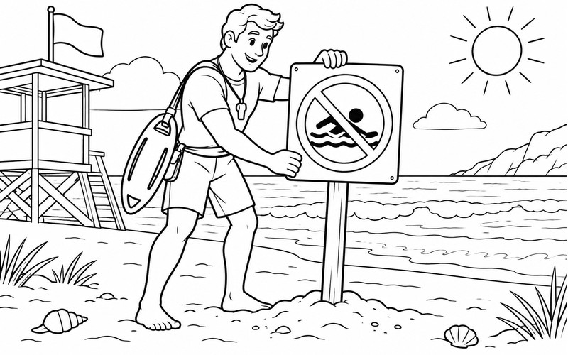 Tranh tô màu nhân viên cứu hộ bãi biển đặt biển hướng dẫn an toàn